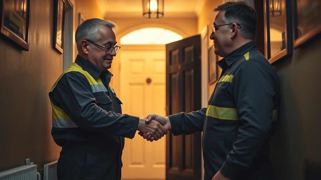 Engineer shaking hands with a Cobham homeowner after locating their leak